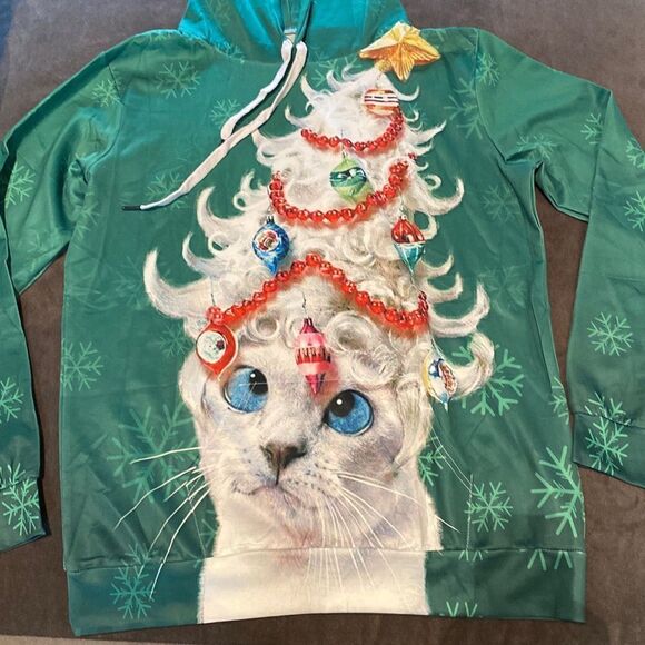 Adult Unisex Christmas Hoodie with Cat & Christmas Tree Size S/M NEW - Picture 3 of 6